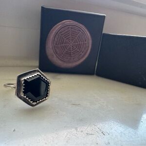 Silver Ring with Obsidian Hex Stone by Dark North Size 7